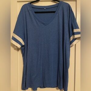 Blue V-Neck T-Shirt with White Stripes